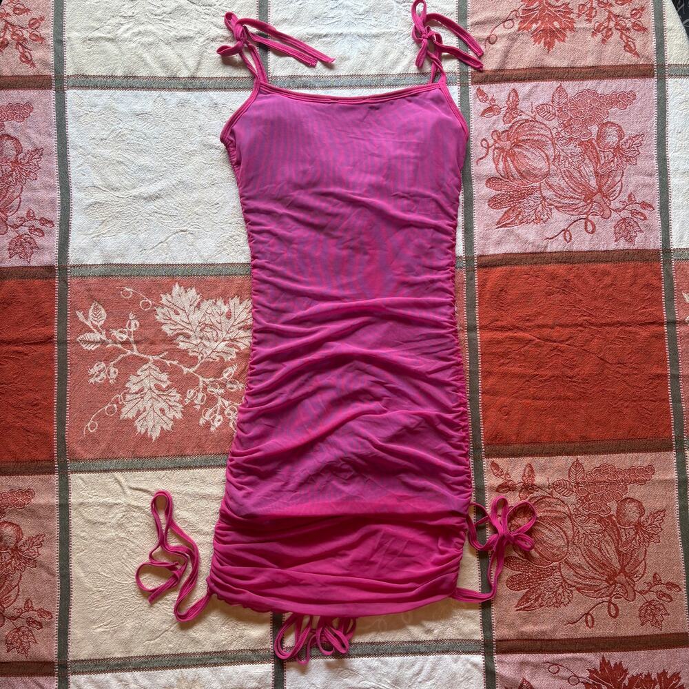 dELiA*s Hot Pink Mesh Ruched Tie Strap Mini Dress M